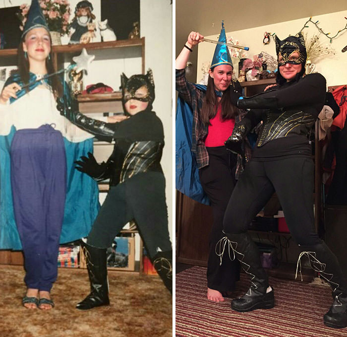 Merlin and Catwoman 1992 vs. 2019. My mom handmade both costumes and apparently saved her handiwork to give us a good laugh years later.