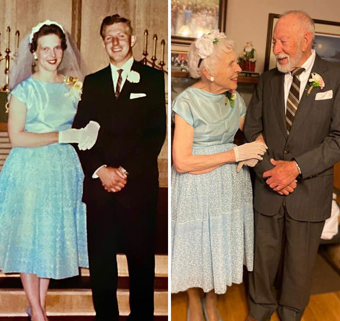 Same wedding outfits 60 years later.