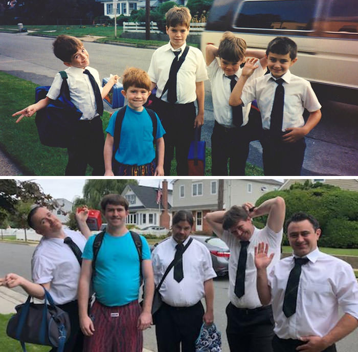 For my mom’s 60th birthday, my brothers, my cousin, and I recreated a photo from my first day of kindergarten.
