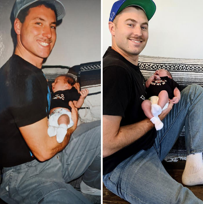 My father holding me as a baby vs. me with my newborn son.