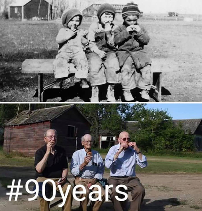 My grandpa’s three surviving brothers coming together 90 years later on the same farm, with the same exact bench.
