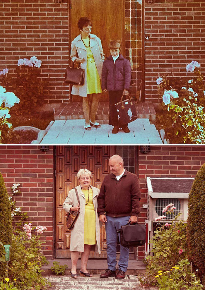 My dad's first day at school in the 70s, and now 50 years later.