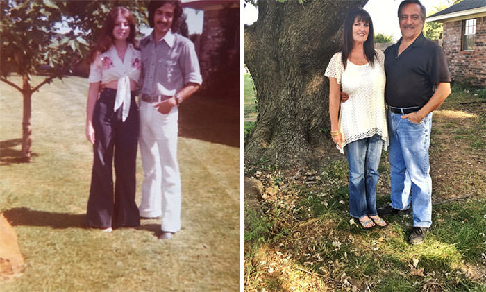 My parents by their tree in 1975 and now in 2016.