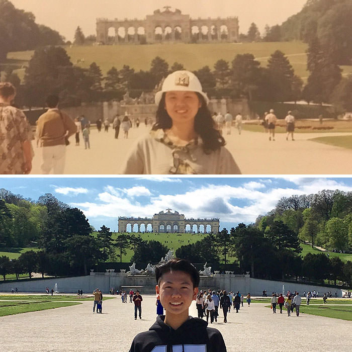 I looked through my mom's photo album to find that she took this picture at Schönbrunn Palace during a college trip in 1991. I took the same picture in 2017.