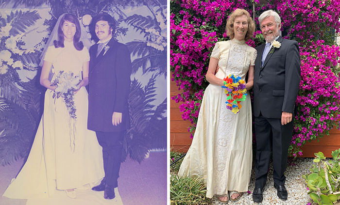 To celebrate our 50th anniversary, wife and I recreated our wedding pic. She's wearing the same dress.