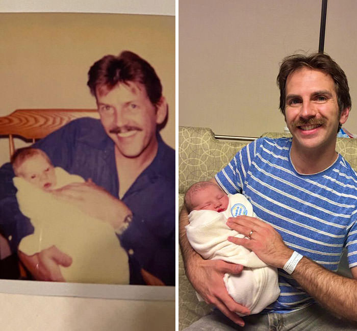 My dad holding me as a baby vs. me holding my newborn son.
