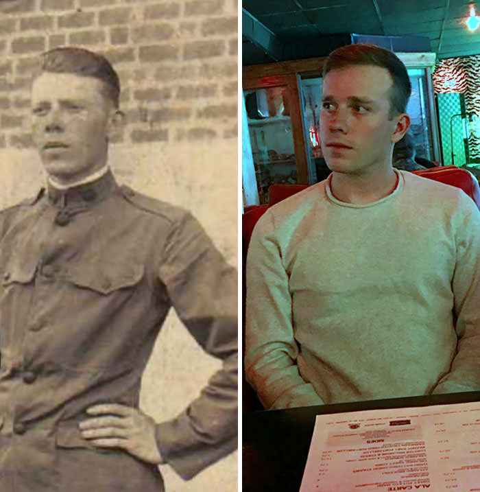 I was digging around on Ancestry and found a photo of my husband's great-grandfather from World War I. I had to do a side-by-side comparison.