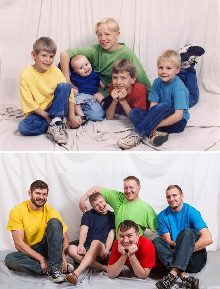 My four brothers and I in 1997 vs. 2017.