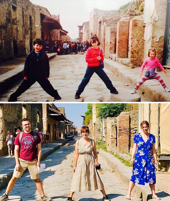 Today, my sisters and I recreated a photo in the same spot in Pompeii - 15 years apart.