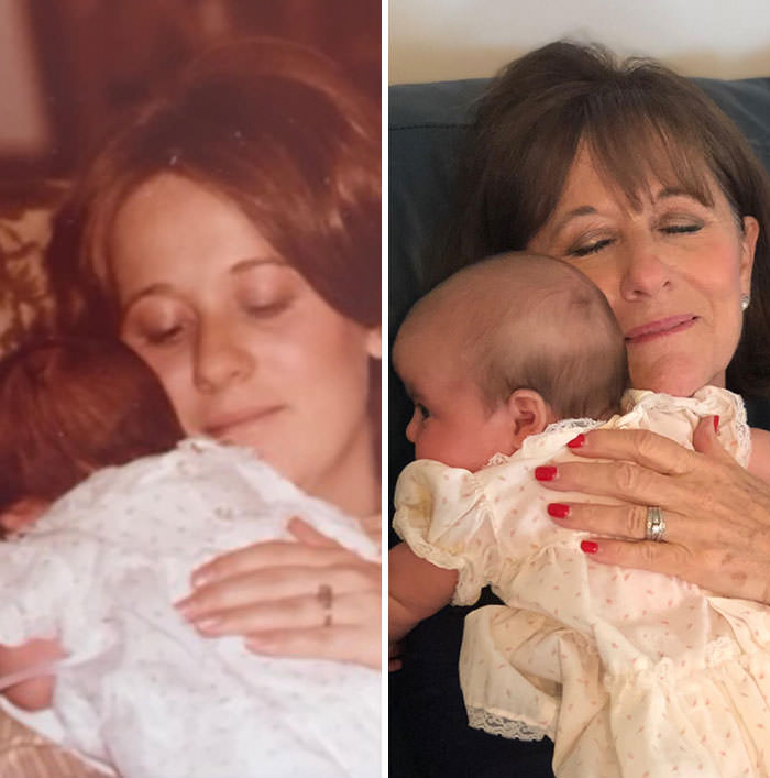 My mom holding me in 1979 vs. my mom holding my daughter in the same dress in 2019.