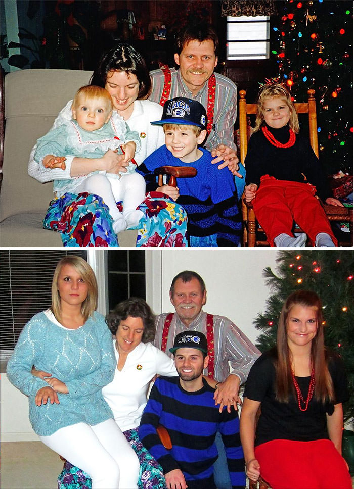 My family Christmas photo recreated 20 years later.