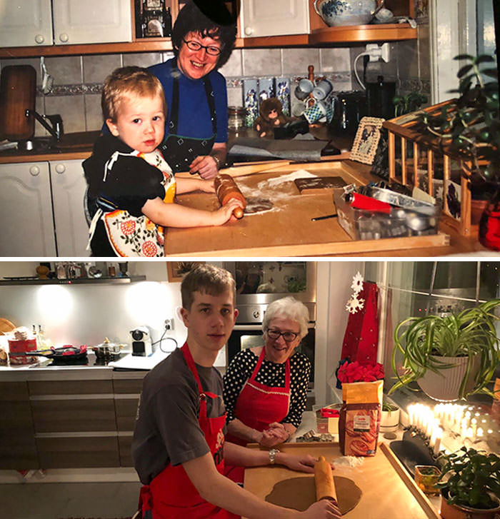 My grandmother and my 2-year-old self baking gingerbread cookies. Second pic taken 15 years apart.