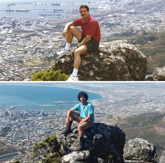 My father and I at the same spot on Table Mountain. 30 years apart.