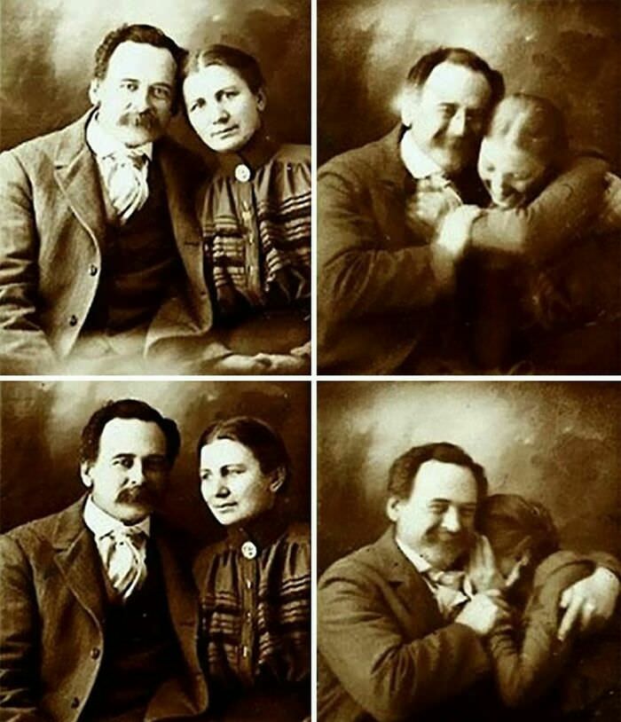 A Victorian couple trying not to laugh while getting their portraits done, 1890s.