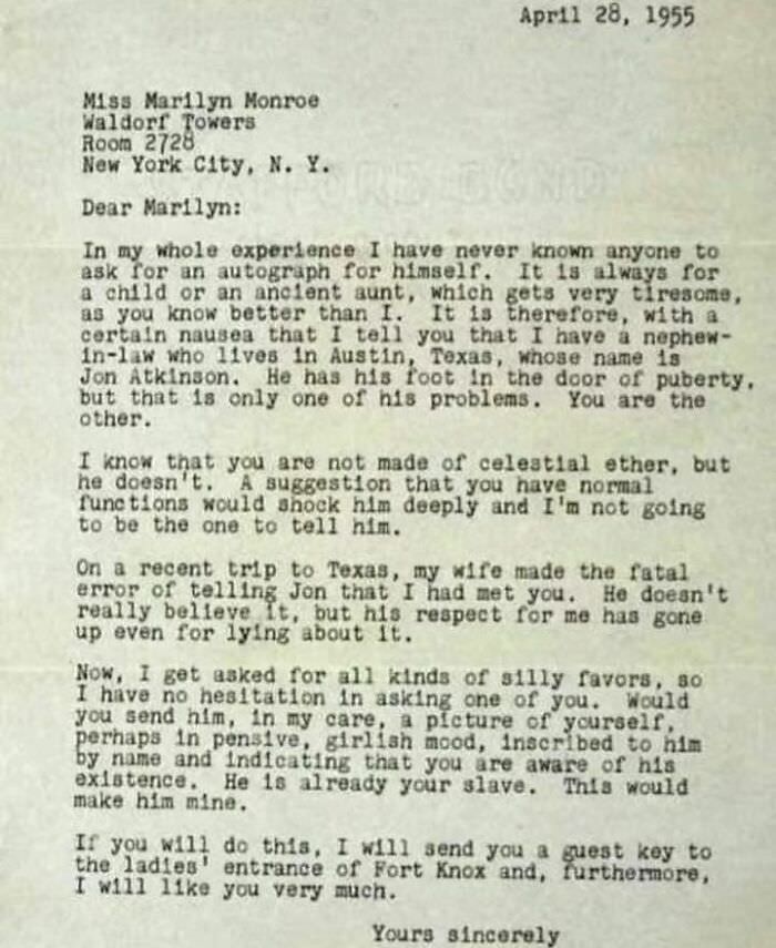 Letter from John Steinbeck to Marilyn Monroe.