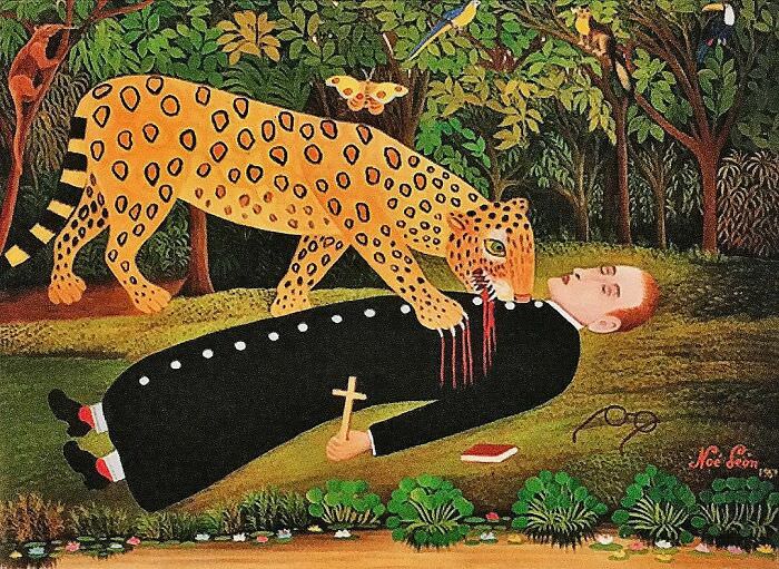 Missionary being eaten by a jaguar (by Noé León, 1907).