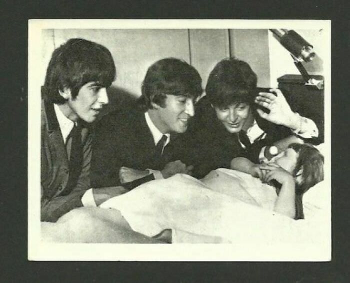 George, John, and Paul cheering up a sick girl in the hospital while they were visiting Ringo.