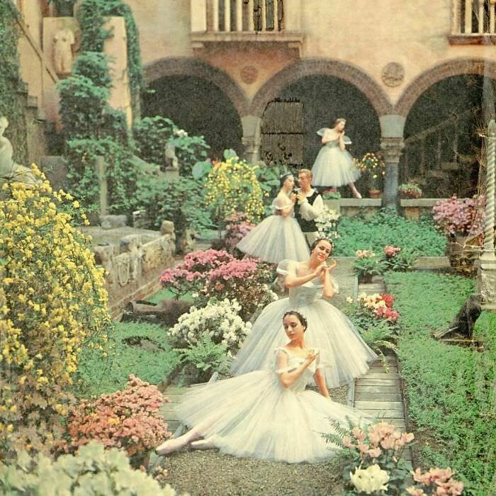 A few magical sylphs of the Boston Ballet in the garden of the Gardner Museum in 1964.