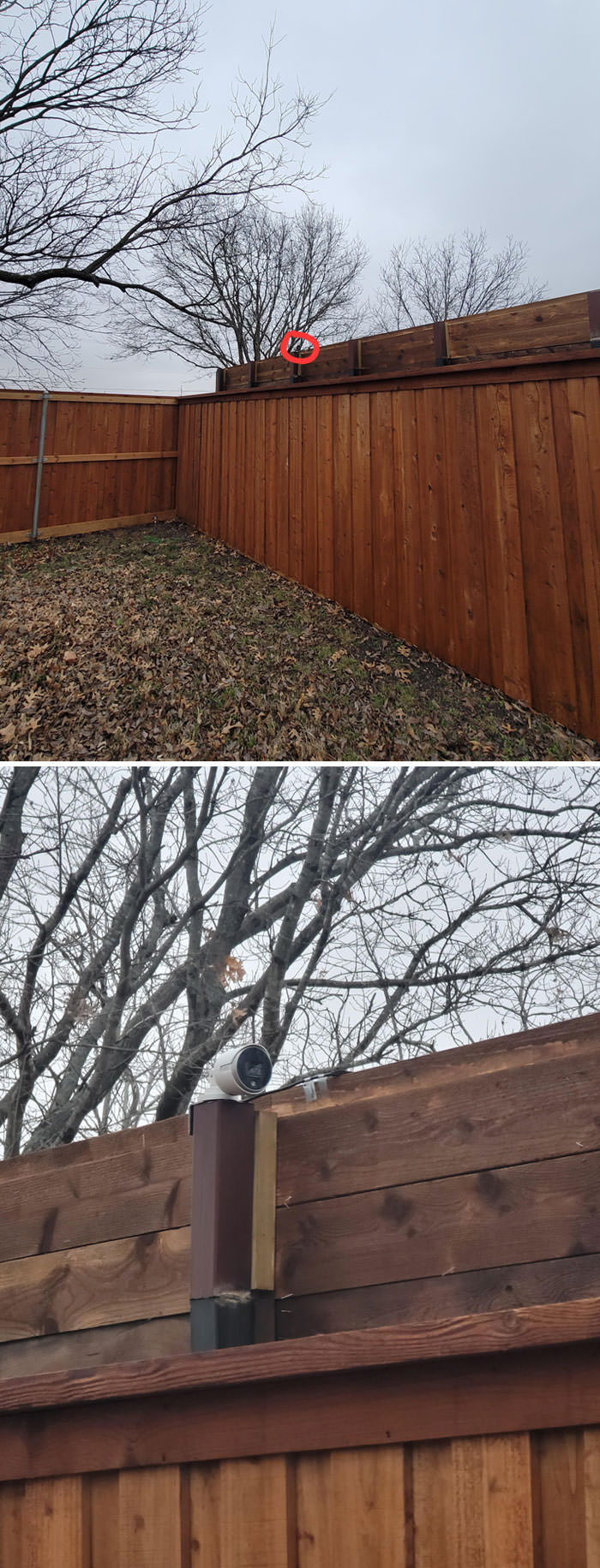 Built a 7-foot privacy fence. Neighbor raised his by 2 feet and put a camera facing into my backyard. I've been having problems with this neighbor since they moved in years ago.
