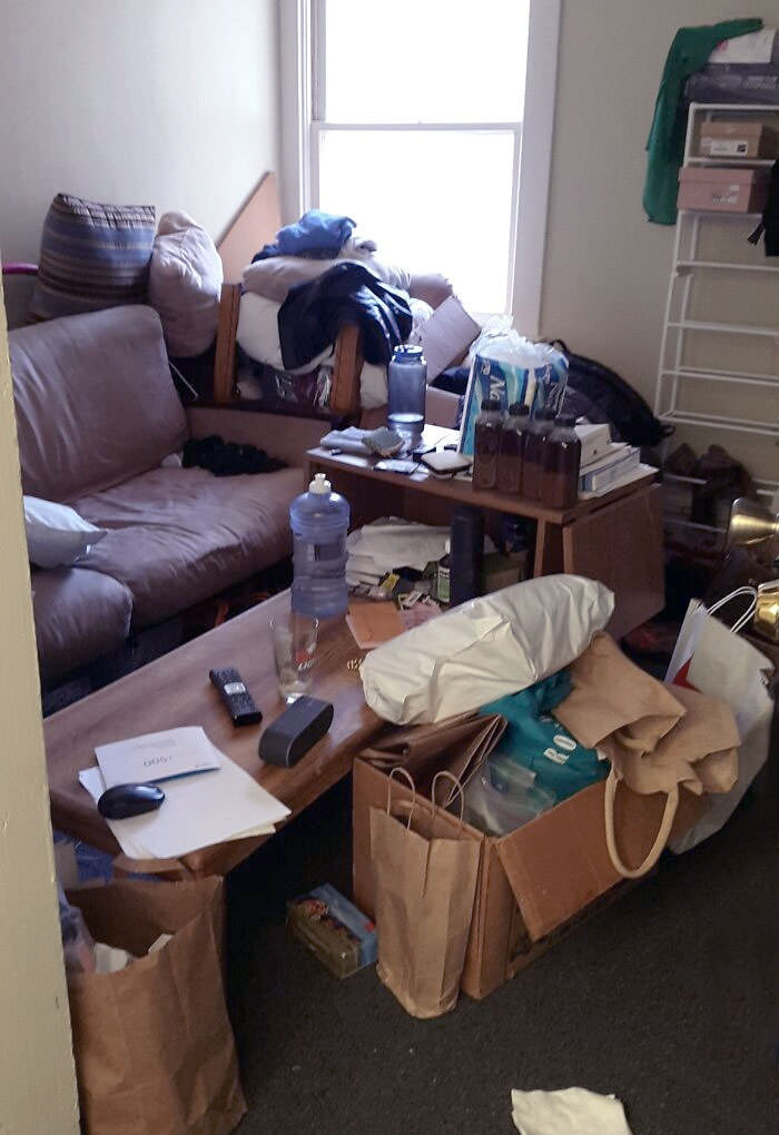 I let a friend stay at my place for two nights while I was out of town. It was neat and clean when I gave her the keys. This is how she left the living room. Most of the stuff in boxes and bags is from my kitchen and bedroom. Why?