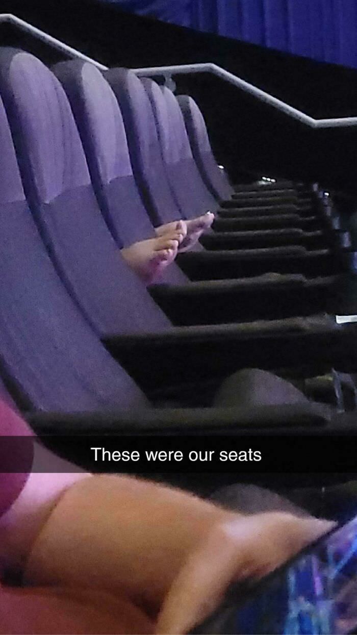 Had to sit in different seats at the theater because this is what we found in the seats we had reserved.
