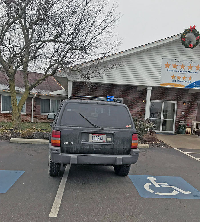 This jerk double-parked in handicapped parking spaces outside of a nursing home without handicapped tags. I am infuriated.