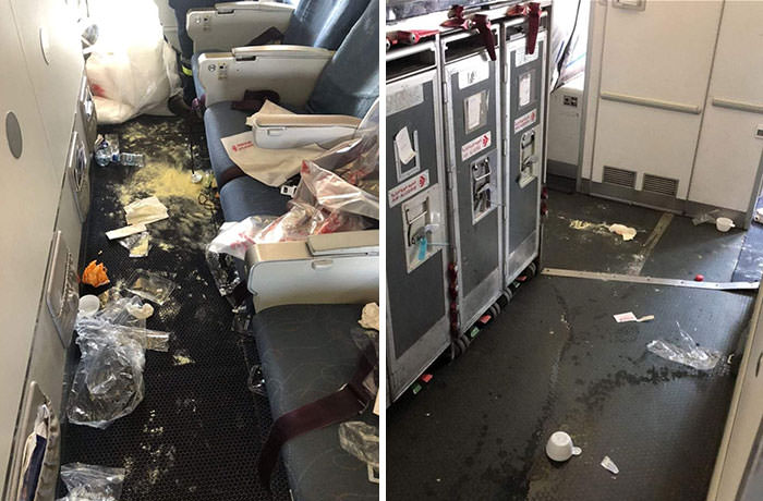 How people leave an airplane is unbelievable. The lack of respect people have. This is an Air Algiers flight from Montreal to Algeria.