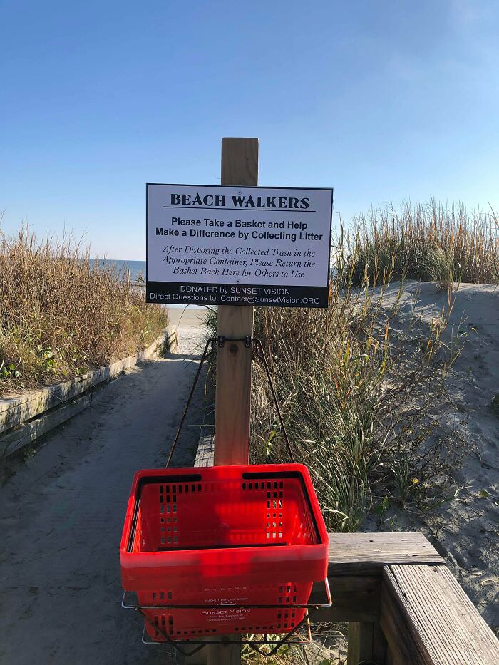 Beach has baskets for people to help clean up.