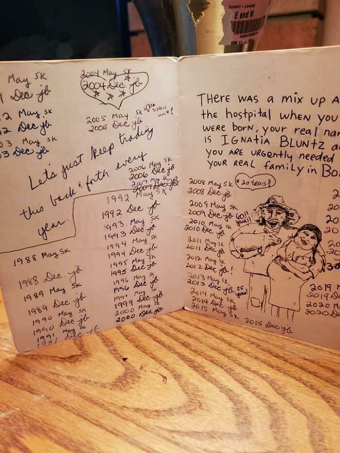 My friend and her sister have exchanged the same birthday card for 32 years.