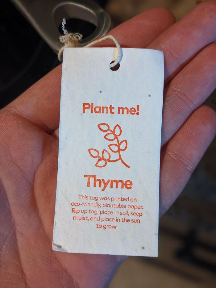 The tag from my new frying pan can be planted to grow thyme.