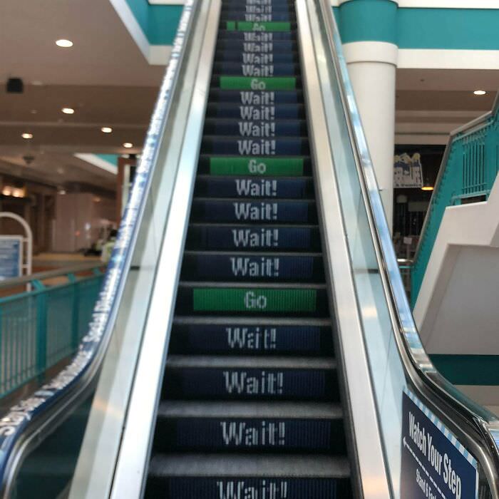 Social distancing escalator at the local mall.
