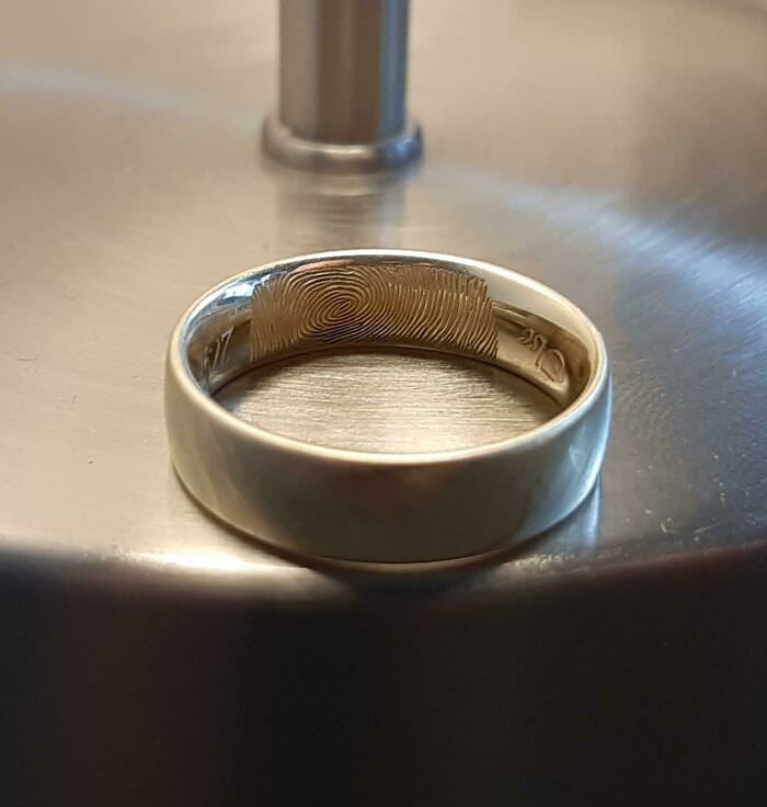 Our wedding bands are laser engraved with each other's fingerprint.