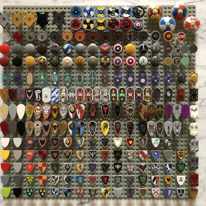 My 100% complete collection of every LEGO shield ever made.