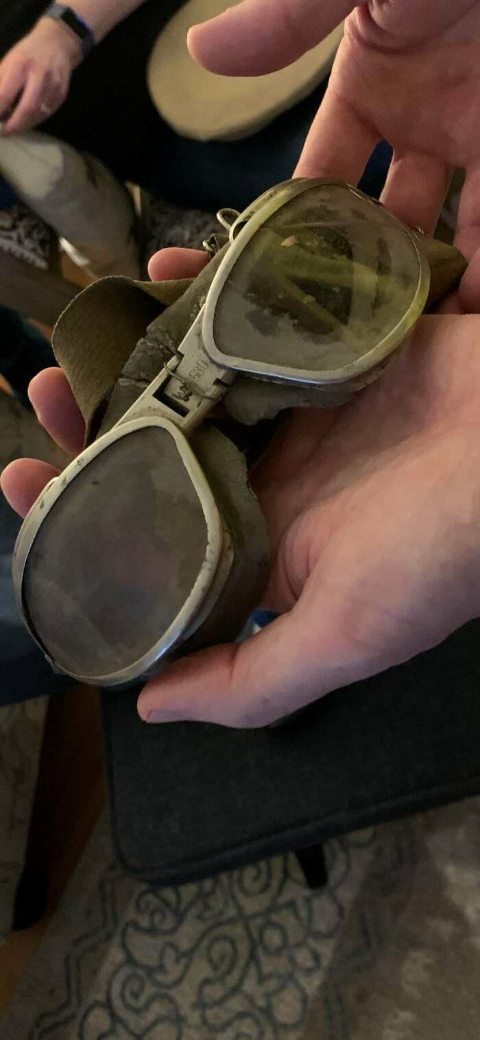 Found my great-grandpa’s WWII Air Force goggles with WWII dirt still on 'em.