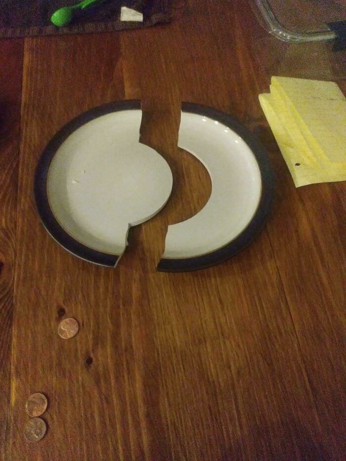 Plate broke in a weird satisfying shape.