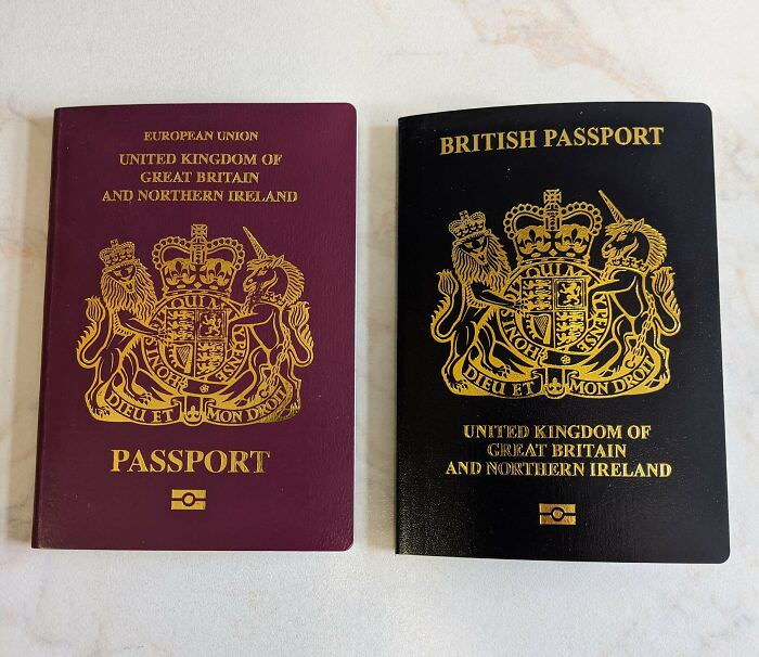 My passport versus my wife's new post-Brexit passport.