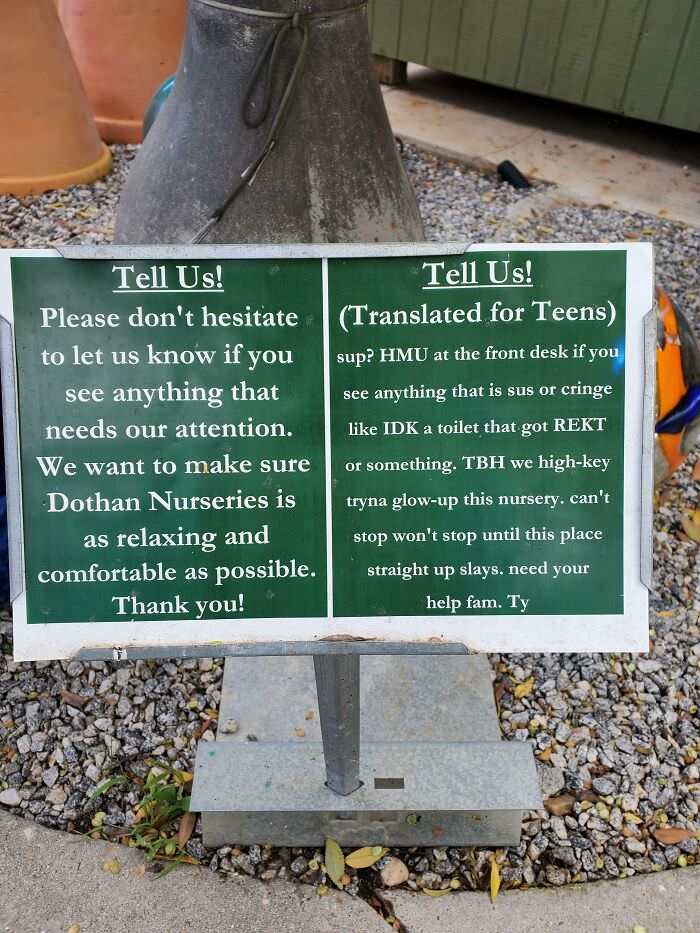 Local plant nursery has a notice translation for teens.