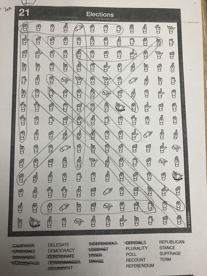 Our teacher had us do word searches in ASL to practice finger spelling.