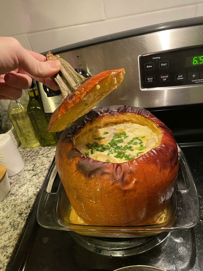 My girlfriend made a stew inside a pumpkin.