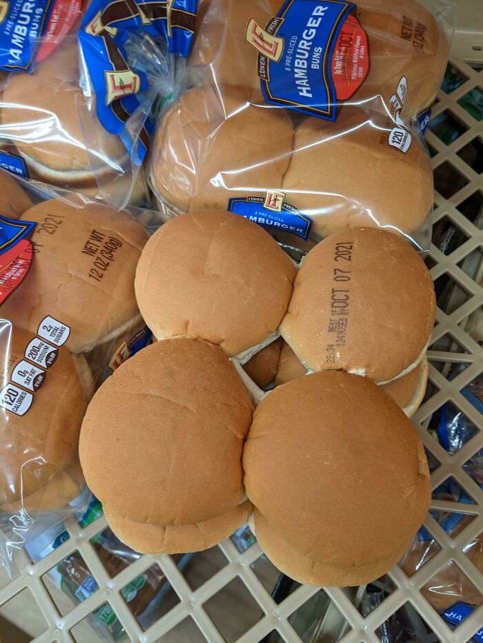 While at Aldi today, I saw these hamburger buns that were missing their bag...but the expiration date was stamped right on the buns.