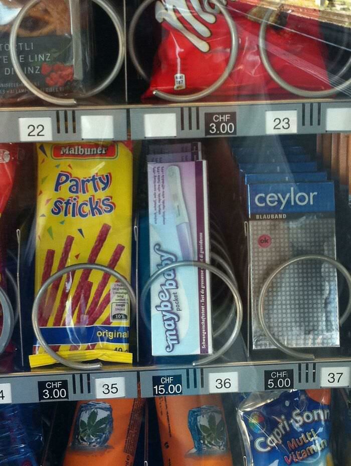 Vending machines in Switzerland sell pregnancy tests called "Maybe Baby."