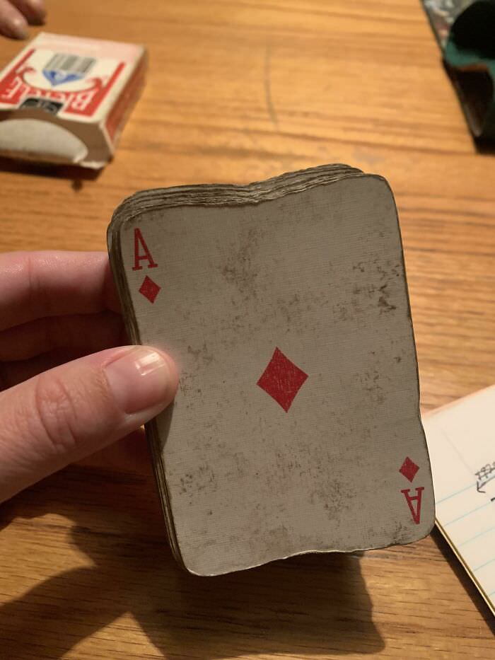 My Nana has been using the same deck of cards for 10 years, and they've all grooved to her hand placement during shuffling.