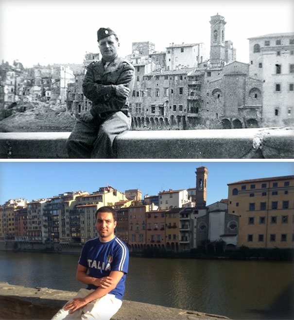 Sitting exactly where my grandfather sat in WWII, 1944 vs. 2014, Arno River, Florence, Italy.