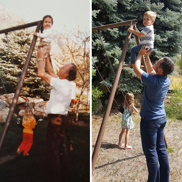 My grandma passed away, and the family decided to sell the house. I found a picture of my grandpa and me (circa 1984) in a box while cleaning and recreated it with my children.
