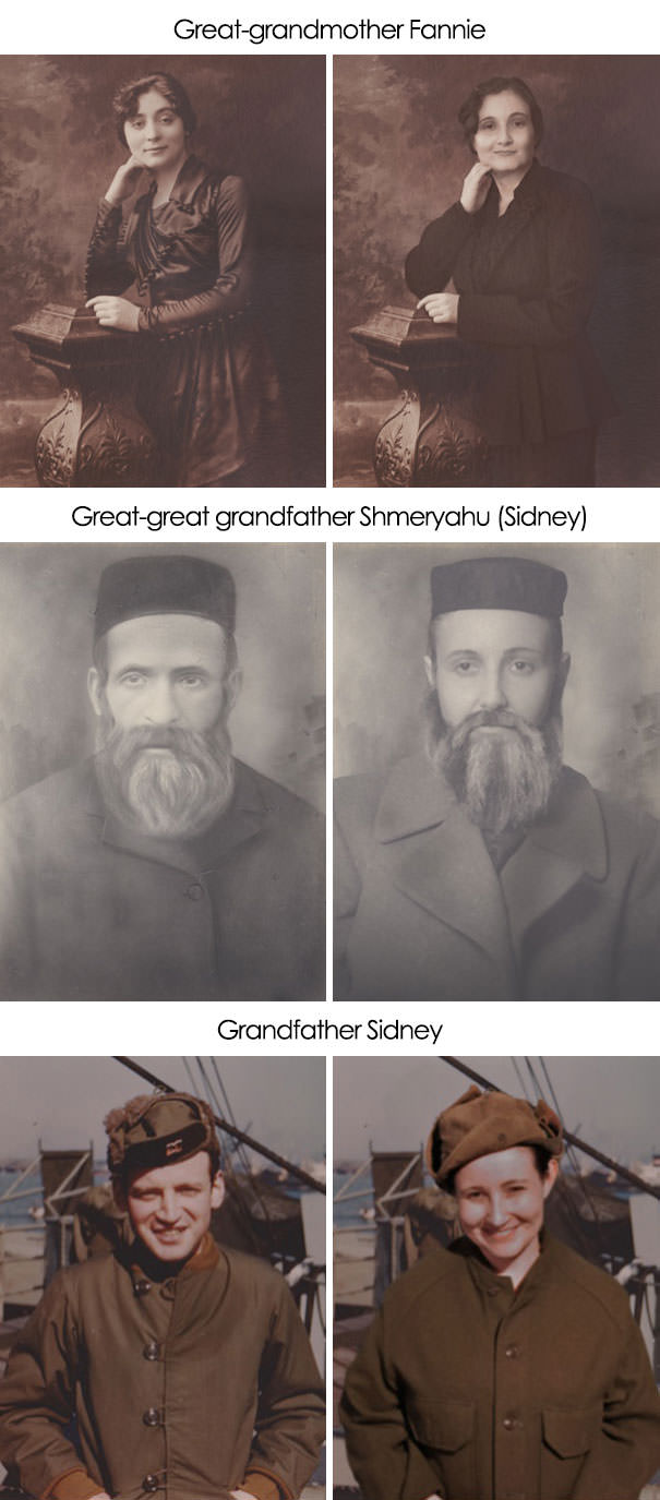I recreated some photos of my grandparents. The pictures highlight family resemblance, showing that many different family members’ features can be found in one person’s face.