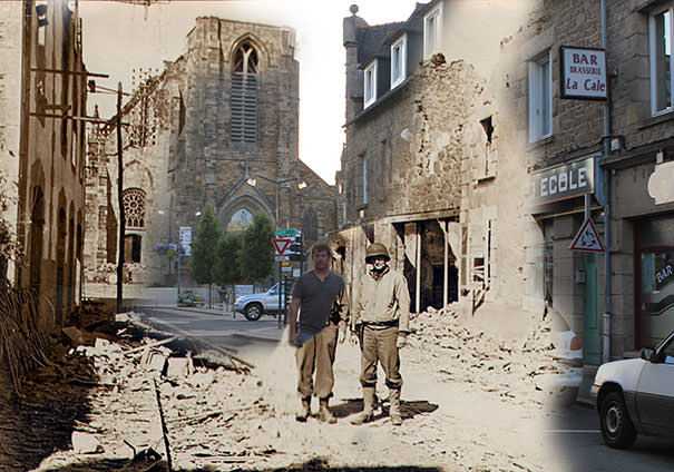 Standing next to my grandfather on the streets of Pleurtuit, France, in 1944 and 2013.