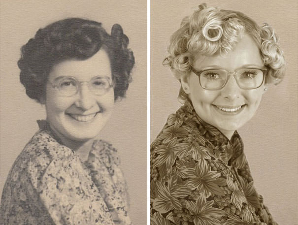 Recreating old vintage photographs of relations. This is Louise and her grandmother.
