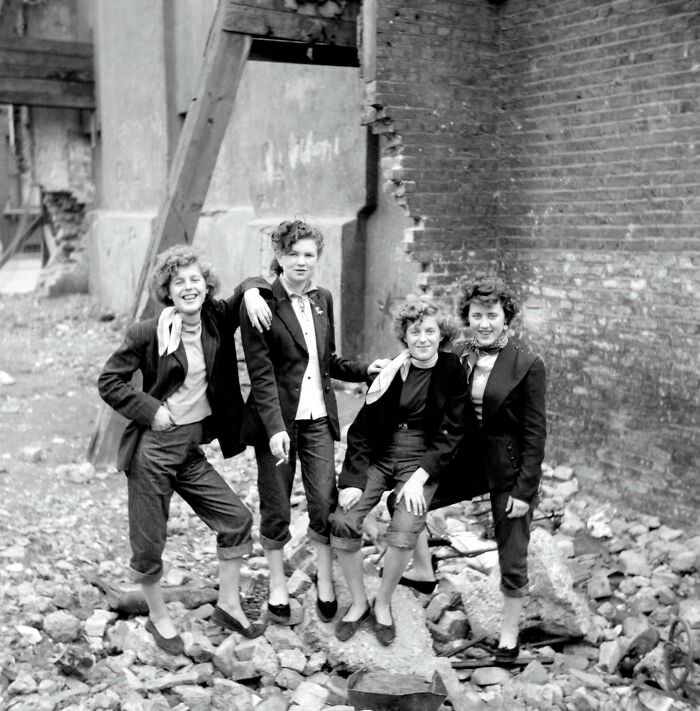 Teddy girls in 1955 - their subculture centered around a still-bomb-damaged London.