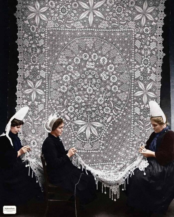 Lace making in Brittany, France, 1920.