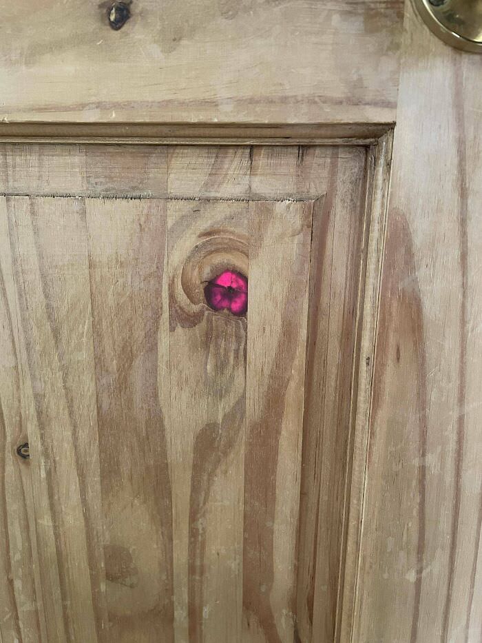 This knot on our door glows red when the sun shines on the other side.